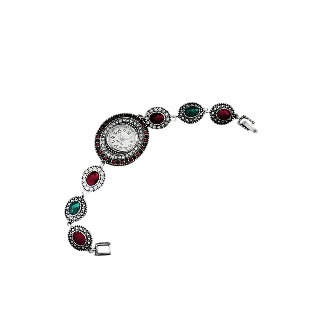 Vintage-Inspired Gemstone Bracelet‎ Watch – Red & Green Accents